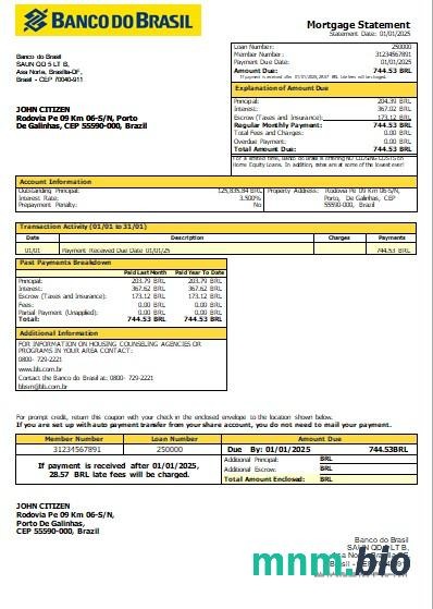 Brazylia Bank Brazylii wyciąg z kredytu hipotecznego szablon Word i PDF